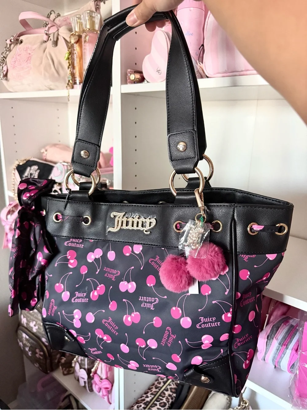 Juicy Couture “Sweet Cherry” Black Tote with Pink Cherry Print and Pom-Pom Charm